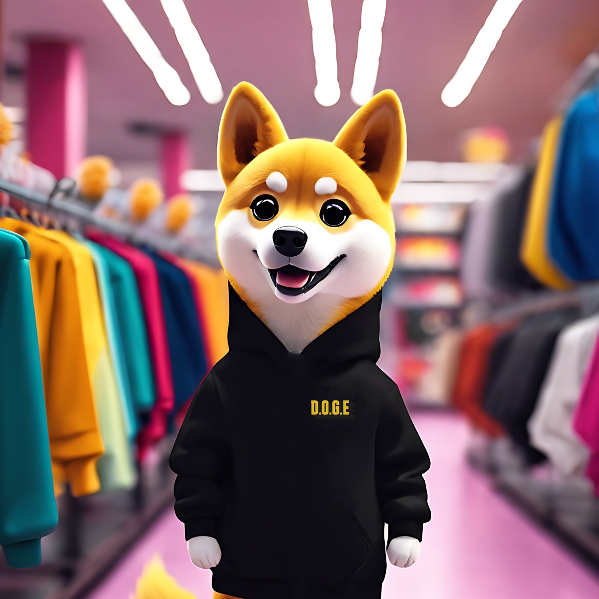 Doge-Meme mit schwarzem MyMemeMerch Hoodie und Print präsentiert Meme-Kleidungskollektion