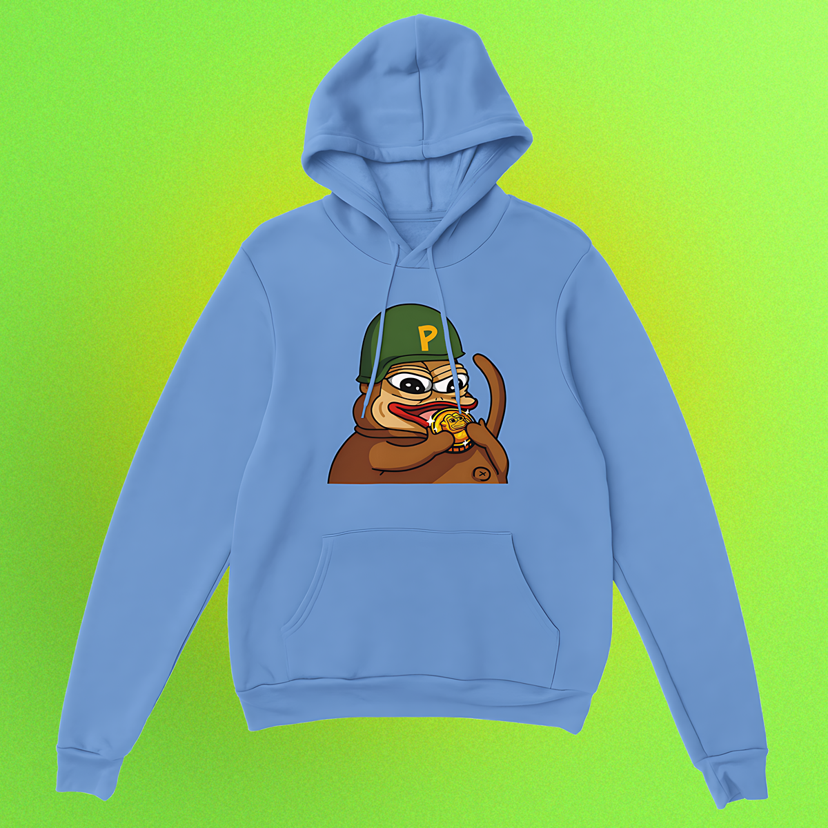 Unisex Hoodie mit Ponke Helmet Meme-Print – Front- oder Backprint, erhältlich bei MyMemeMerch
