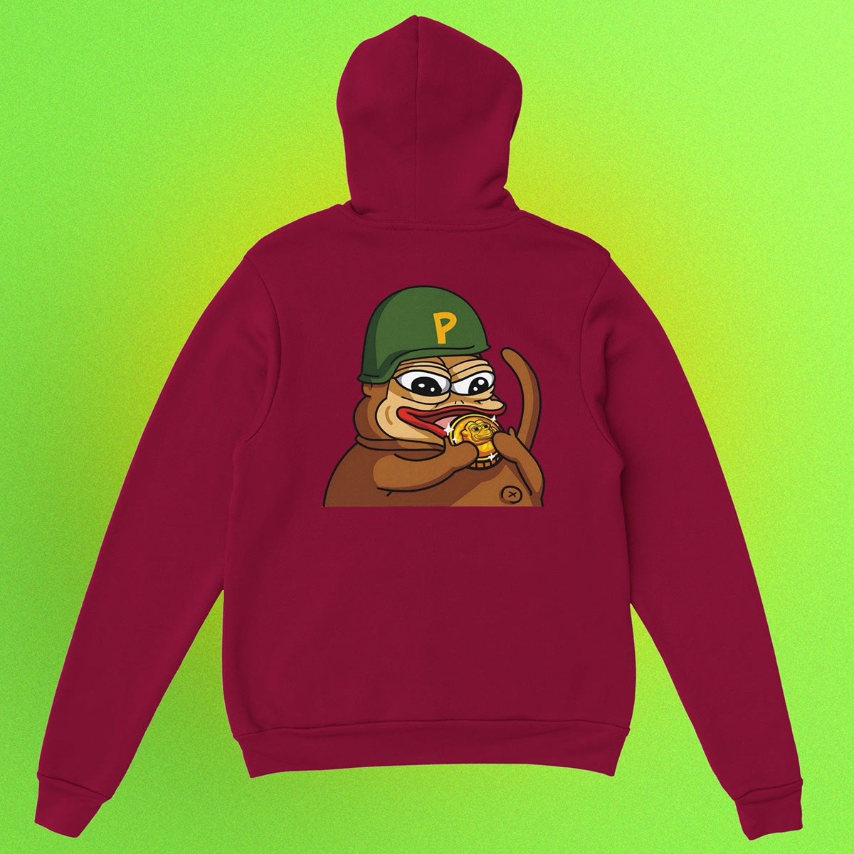Unisex Hoodie mit Ponke Helmet Meme-Print – Front- oder Backprint, erhältlich bei MyMemeMerch
