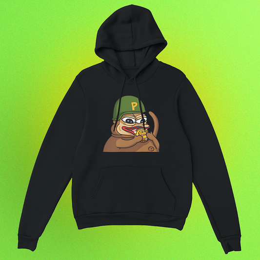Unisex Hoodie mit Ponke Helmet Meme-Print – Front- oder Backprint, erhältlich bei MyMemeMerch
