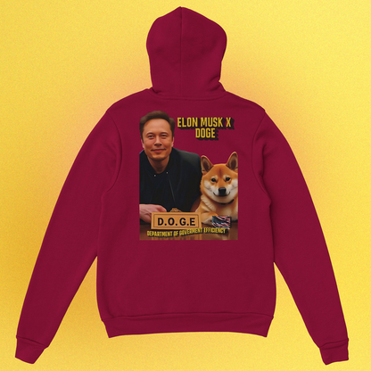 Unisex Hoodie mit beidseitigem Druck: Elon Musk und Doge an einem Schreibtisch – Motiv der fiktiven D.O.G.E.-Behörde
