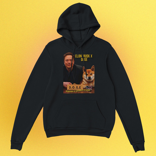 Unisex Hoodie mit beidseitigem Druck: Elon Musk und Doge an einem Schreibtisch – Motiv der fiktiven D.O.G.E.-Behörde
