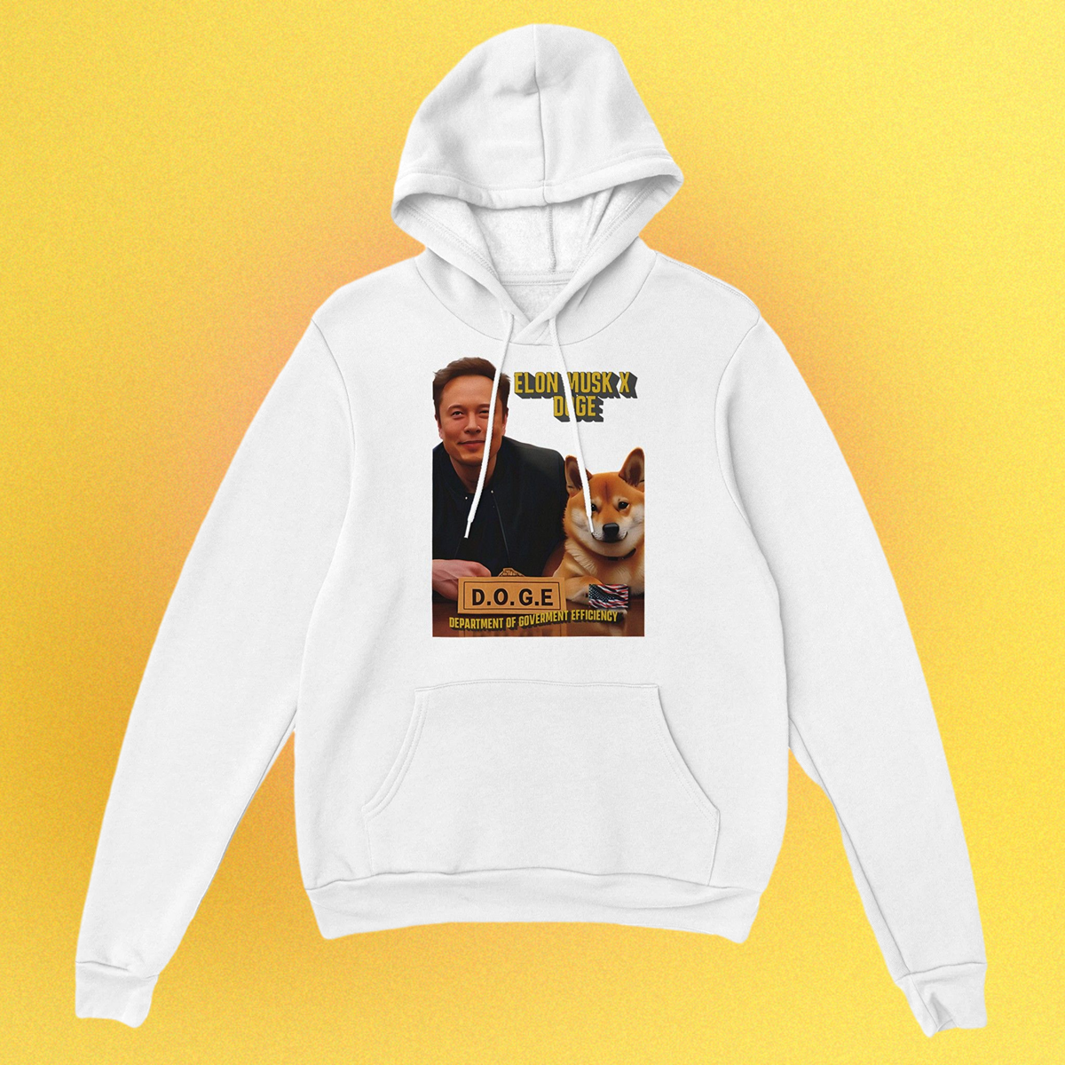 Unisex Hoodie mit beidseitigem Druck: Elon Musk und Doge an einem Schreibtisch – Motiv der fiktiven D.O.G.E.-Behörde
