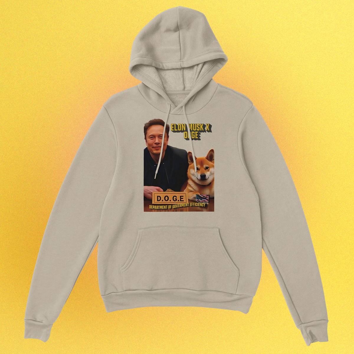 Unisex Hoodie mit beidseitigem Druck: Elon Musk und Doge an einem Schreibtisch – Motiv der fiktiven D.O.G.E.-Behörde
