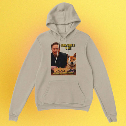 Unisex Hoodie mit beidseitigem Druck: Elon Musk und Doge an einem Schreibtisch – Motiv der fiktiven D.O.G.E.-Behörde
