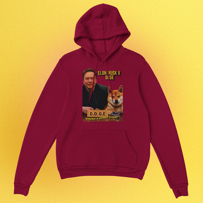 Unisex Hoodie mit beidseitigem Druck: Elon Musk und Doge an einem Schreibtisch – Motiv der fiktiven D.O.G.E.-Behörde
