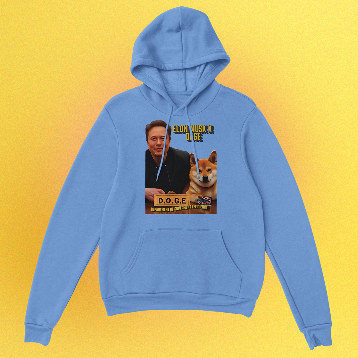 Unisex Hoodie mit beidseitigem Druck: Elon Musk und Doge an einem Schreibtisch – Motiv der fiktiven D.O.G.E.-Behörde
