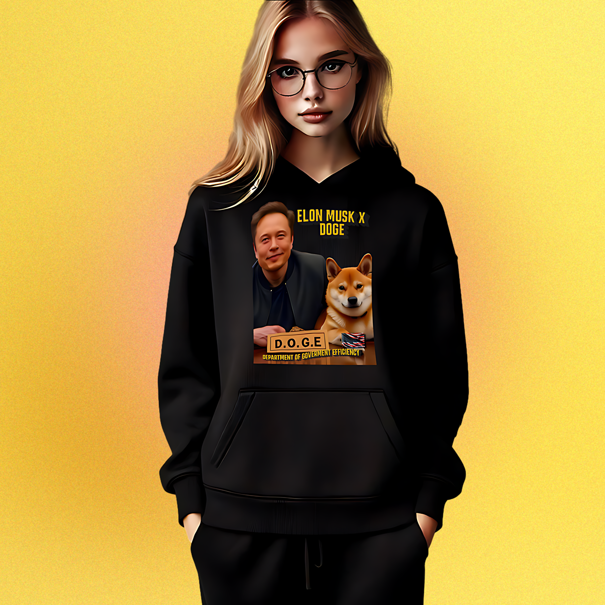 Unisex Hoodie mit beidseitigem Druck: Elon Musk und Doge an einem Schreibtisch – Motiv der fiktiven D.O.G.E.-Behörde
