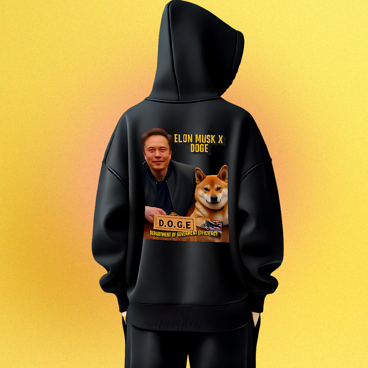 Unisex Hoodie mit beidseitigem Druck: Elon Musk und Doge an einem Schreibtisch – Motiv der fiktiven D.O.G.E.-Behörde
