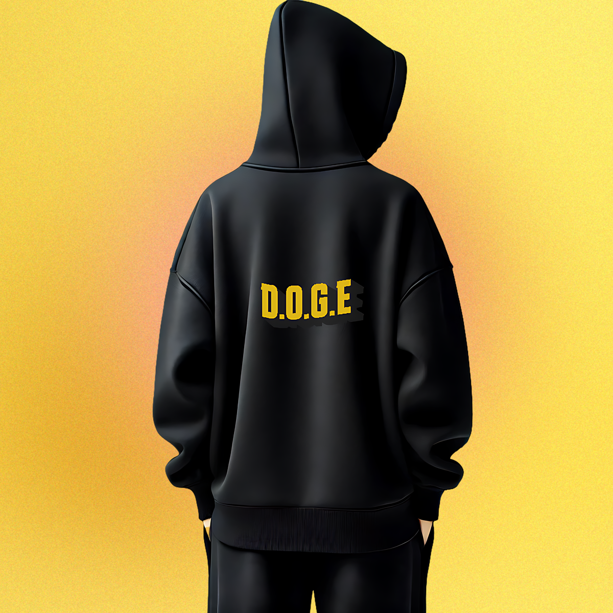 Unisex Hoodie mit beidseitigem Druck: Elon Musk und Doge an einem Schreibtisch – Motiv der fiktiven D.O.G.E.-Behörde
