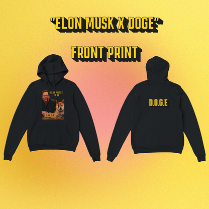Unisex Hoodie mit beidseitigem Druck: Elon Musk und Doge an einem Schreibtisch – Motiv der fiktiven D.O.G.E.-Behörde

