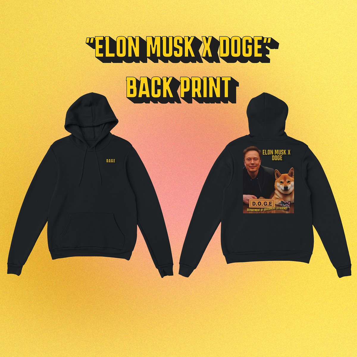 Unisex Hoodie mit beidseitigem Druck: Elon Musk und Doge an einem Schreibtisch – Motiv der fiktiven D.O.G.E.-Behörde
