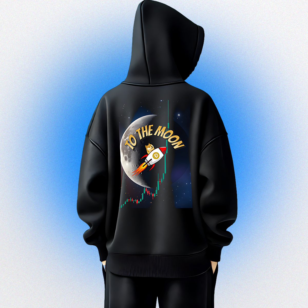 Unisex Hoodie mit beidseitigem „To the Moon V3“ Motiv – Doge fliegt mit Rakete zum Mond
