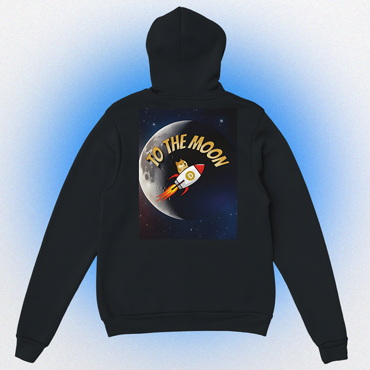 Unisex Hoodie mit beidseitigem „To the Moon V2“ Motiv – Doge in Rakete Richtung Mond
