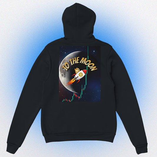 Unisex Hoodie mit beidseitigem „To the Moon V3“ Motiv – Doge fliegt mit Rakete zum Mond
