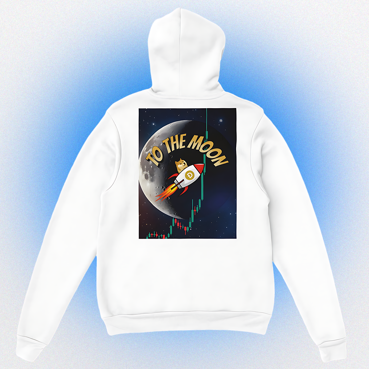 Unisex Hoodie mit beidseitigem „To the Moon V3“ Motiv – Doge fliegt mit Rakete zum Mond
