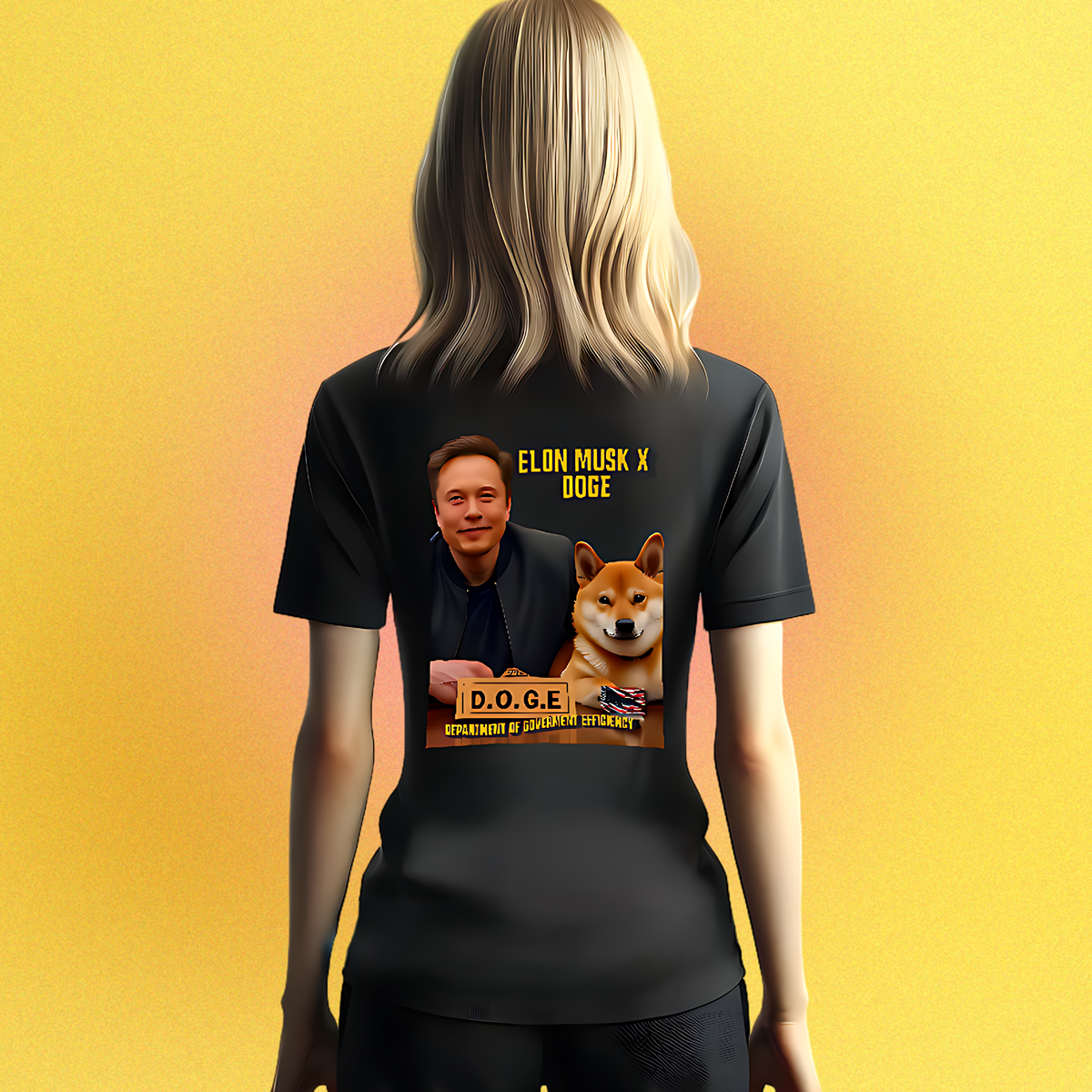 Unisex T-Shirt mit beidseitigem Motiv: Elon Musk und Doge am Schreibtisch der D.O.G.E.-Behörde – Front- oder Backprint-Variante
