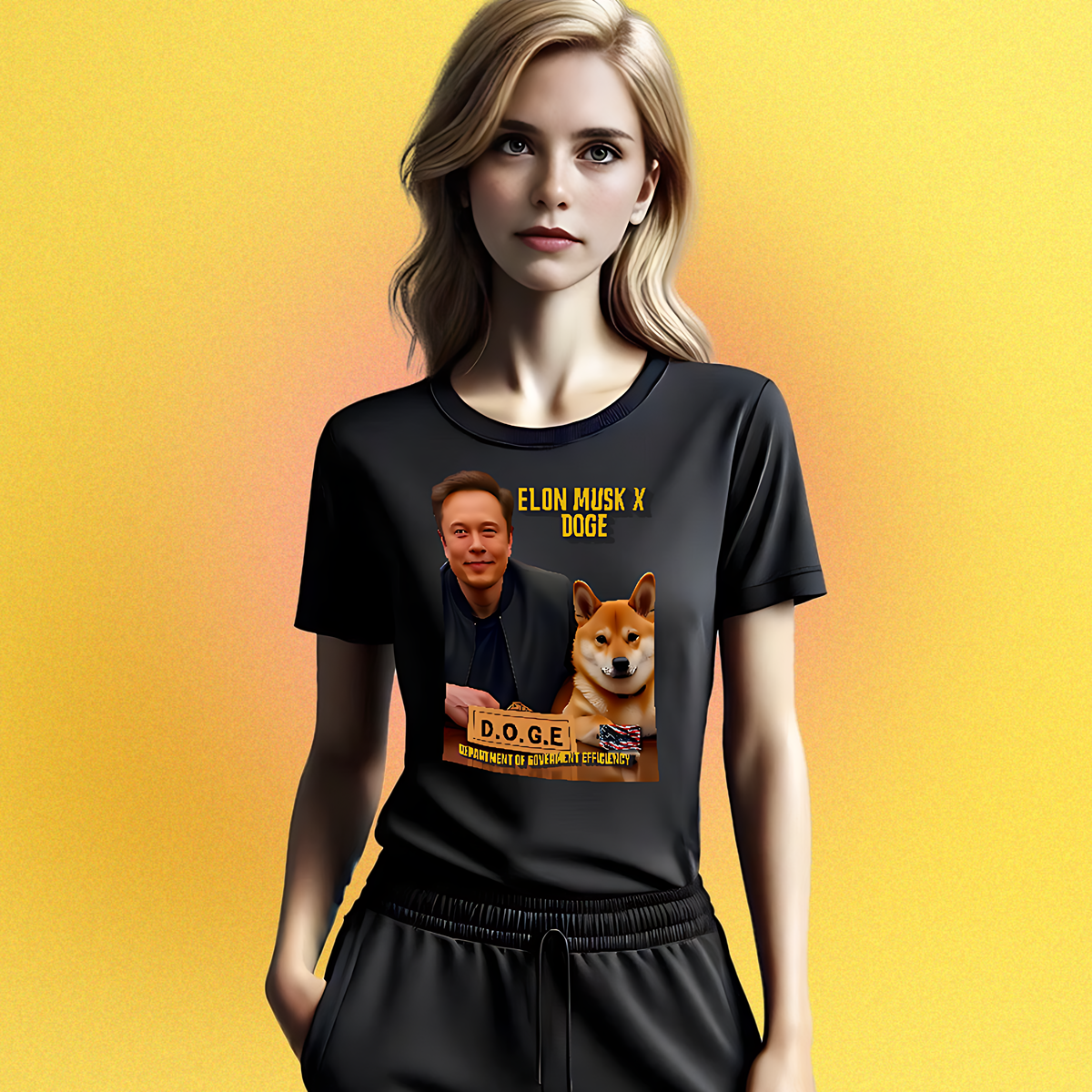 Unisex T-Shirt mit beidseitigem Motiv: Elon Musk und Doge am Schreibtisch der D.O.G.E.-Behörde – Front- oder Backprint-Variante
