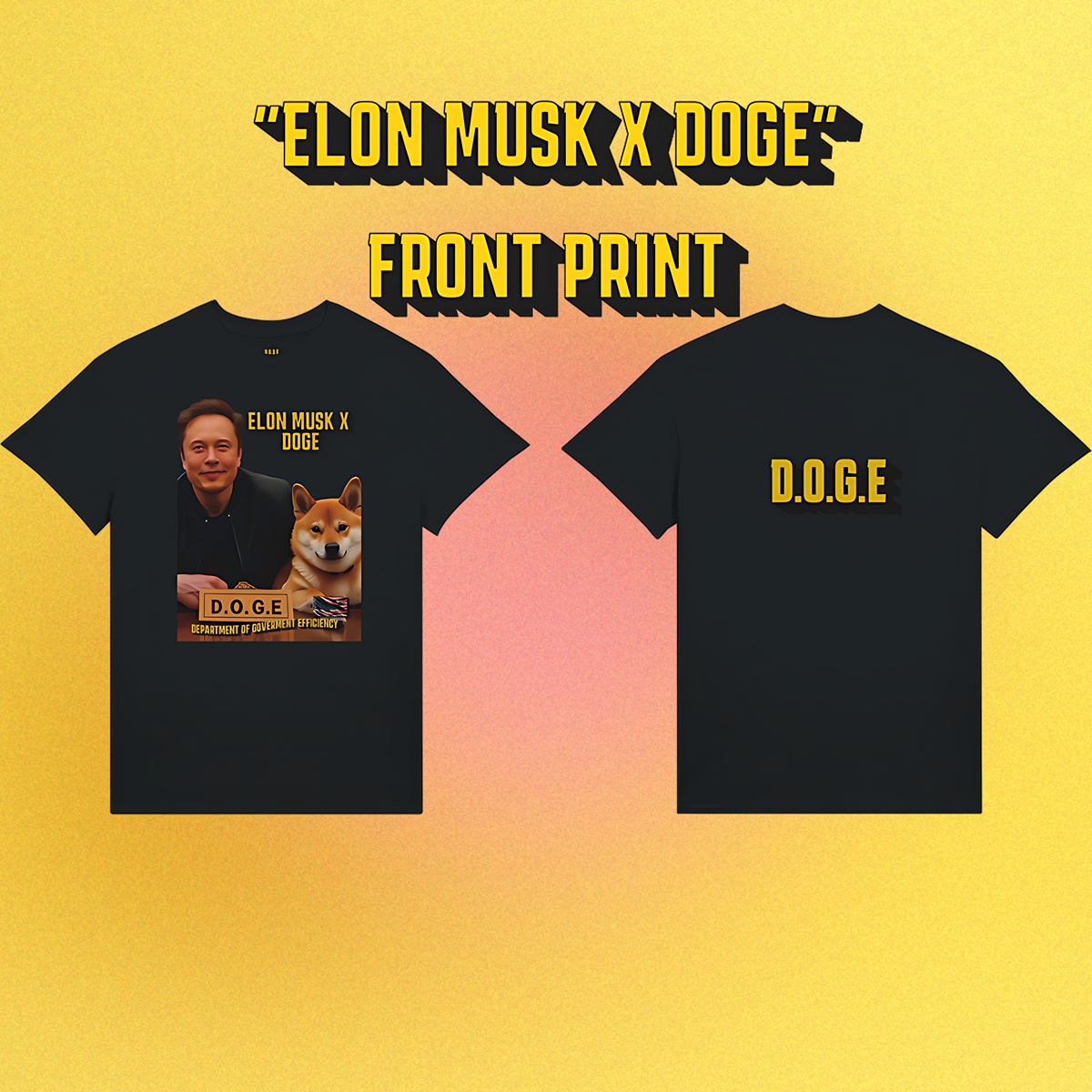 Unisex T-Shirt mit beidseitigem Motiv: Elon Musk und Doge am Schreibtisch der D.O.G.E.-Behörde – Front- oder Backprint-Variante
