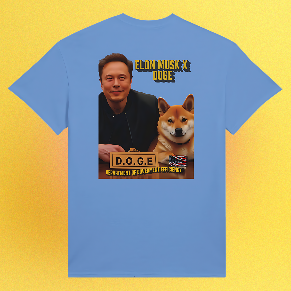 Unisex T-Shirt mit beidseitigem Motiv: Elon Musk und Doge am Schreibtisch der D.O.G.E.-Behörde – Front- oder Backprint-Variante
