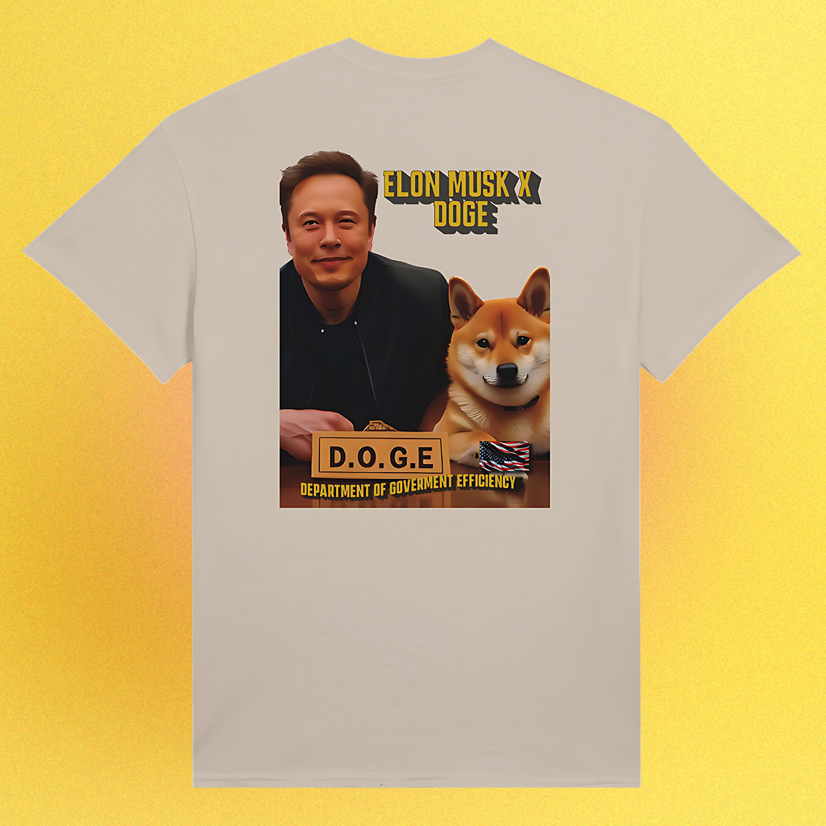 Unisex T-Shirt mit beidseitigem Motiv: Elon Musk und Doge am Schreibtisch der D.O.G.E.-Behörde – Front- oder Backprint-Variante
