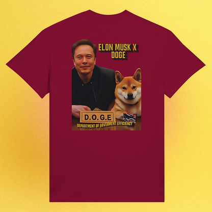 Unisex T-Shirt mit beidseitigem Motiv: Elon Musk und Doge am Schreibtisch der D.O.G.E.-Behörde – Front- oder Backprint-Variante
