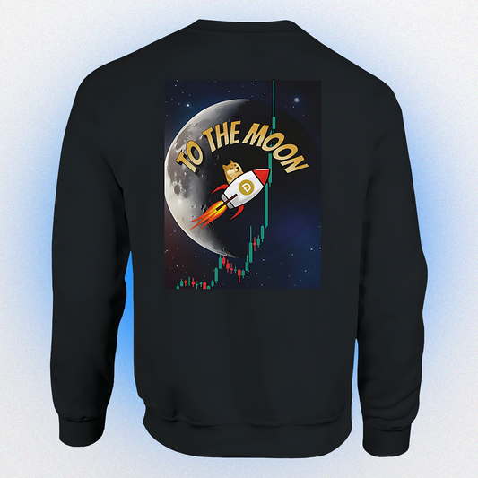 Unisex Basic Pullover mit „To the Moon V3“-Motiv – Doge fliegt mit Rakete auf Vorder- und Rückseite
