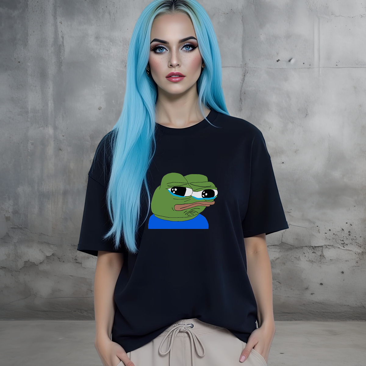 Unisex T-Shirt mit Sad Pepe Print – ikonisches Meme-Motiv als Front- oder Backprint
