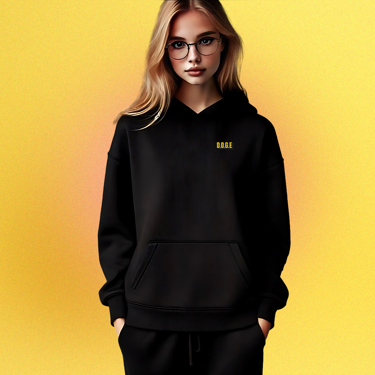 Unisex Hoodie mit beidseitigem Druck: Elon Musk und Doge an einem Schreibtisch – Motiv der fiktiven D.O.G.E.-Behörde
