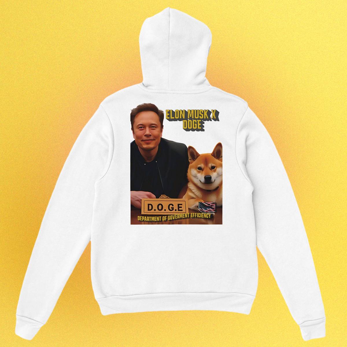 Unisex Hoodie mit beidseitigem Druck: Elon Musk und Doge an einem Schreibtisch – Motiv der fiktiven D.O.G.E.-Behörde
