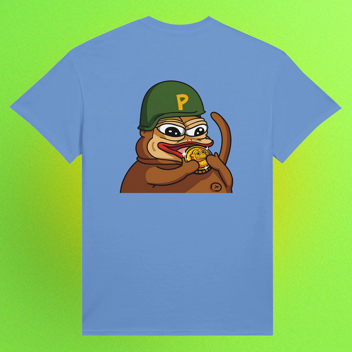 Blaues Unisex T-Shirt mit Ponke-Helm et Meme als Backprint, Teil der MyMemeMerch-Kollektion