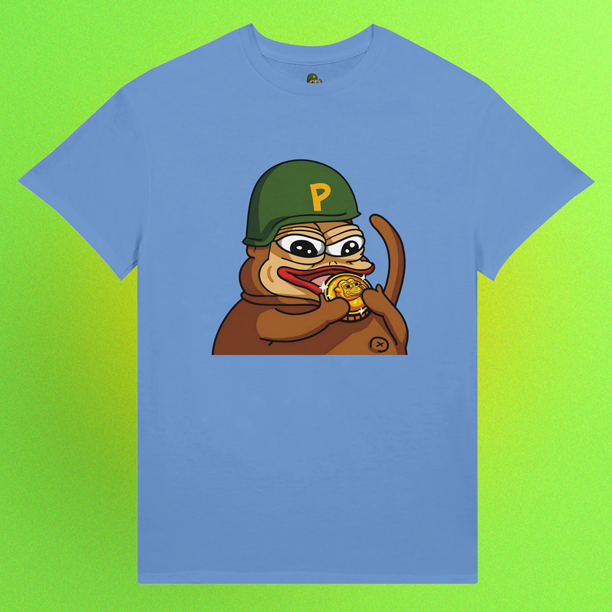 Blaues Unisex T-Shirt mit Ponke-Helm et Meme als Frontprint, Teil der MyMemeMerch-Kollektion