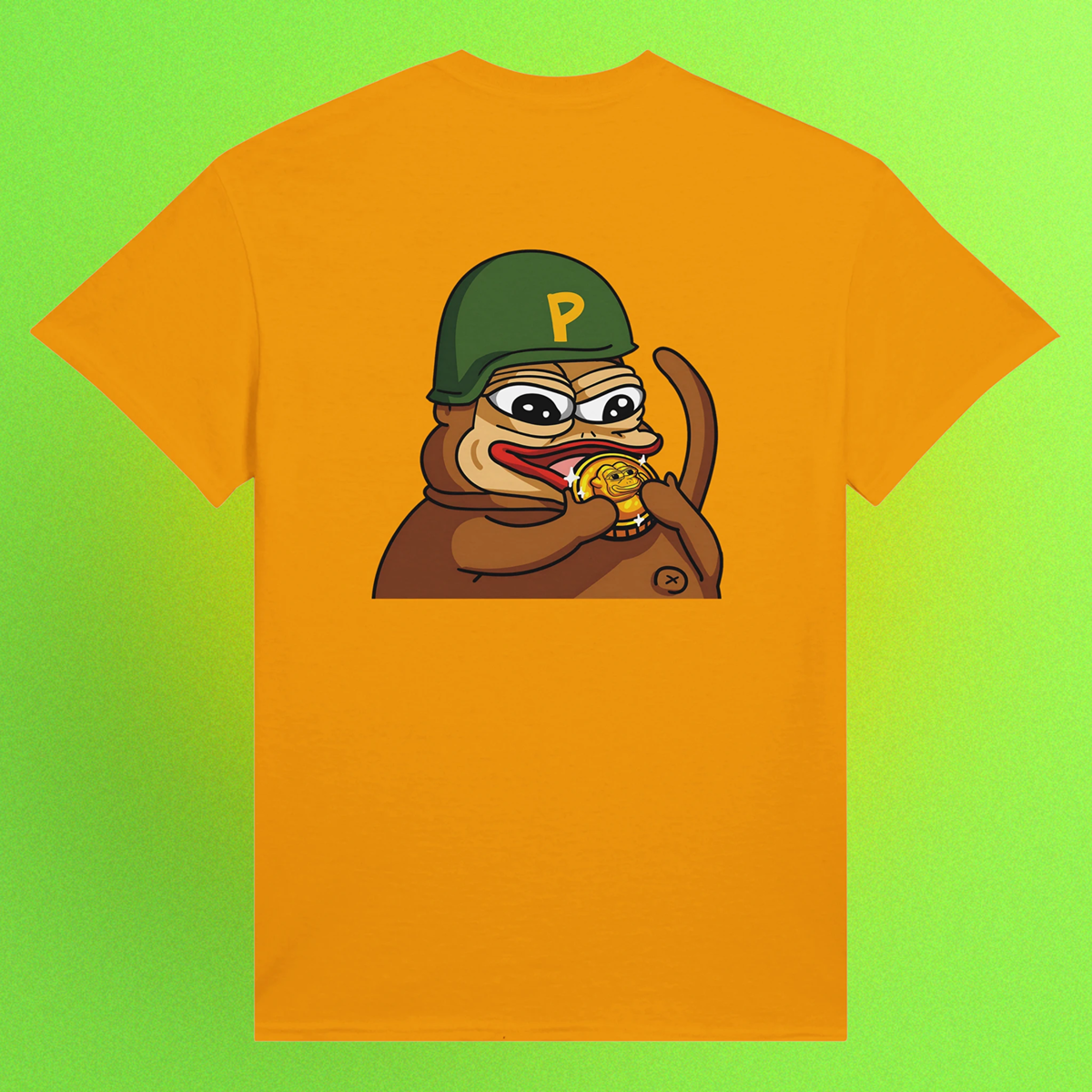 Gelbes Unisex T-Shirt mit Ponke-Helm et Meme als Backprint, Teil der MyMemeMerch-Kollektion