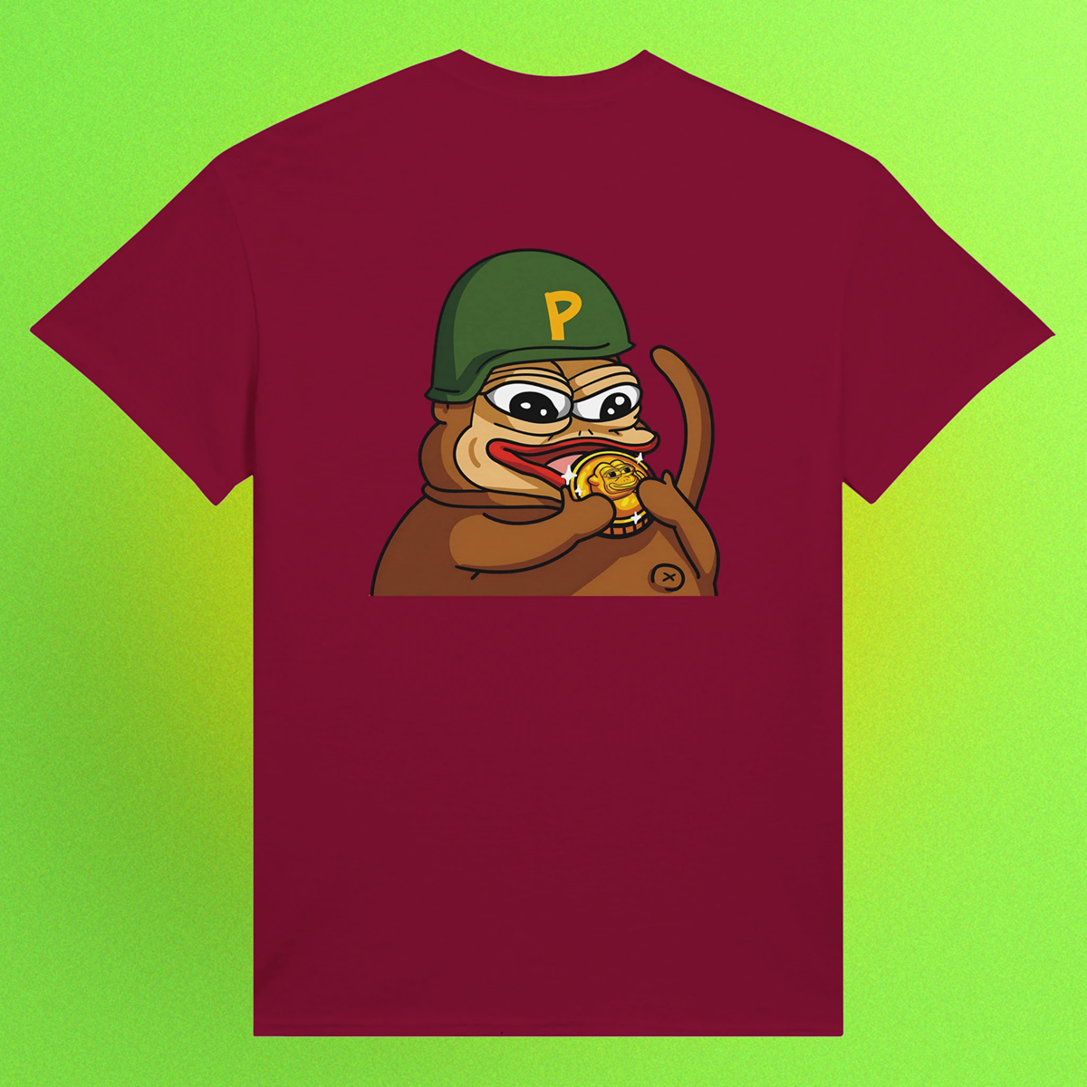 Rotes Unisex T-Shirt mit Ponke-Helm et Meme als Backprint, Teil der MyMemeMerch-Kollektion