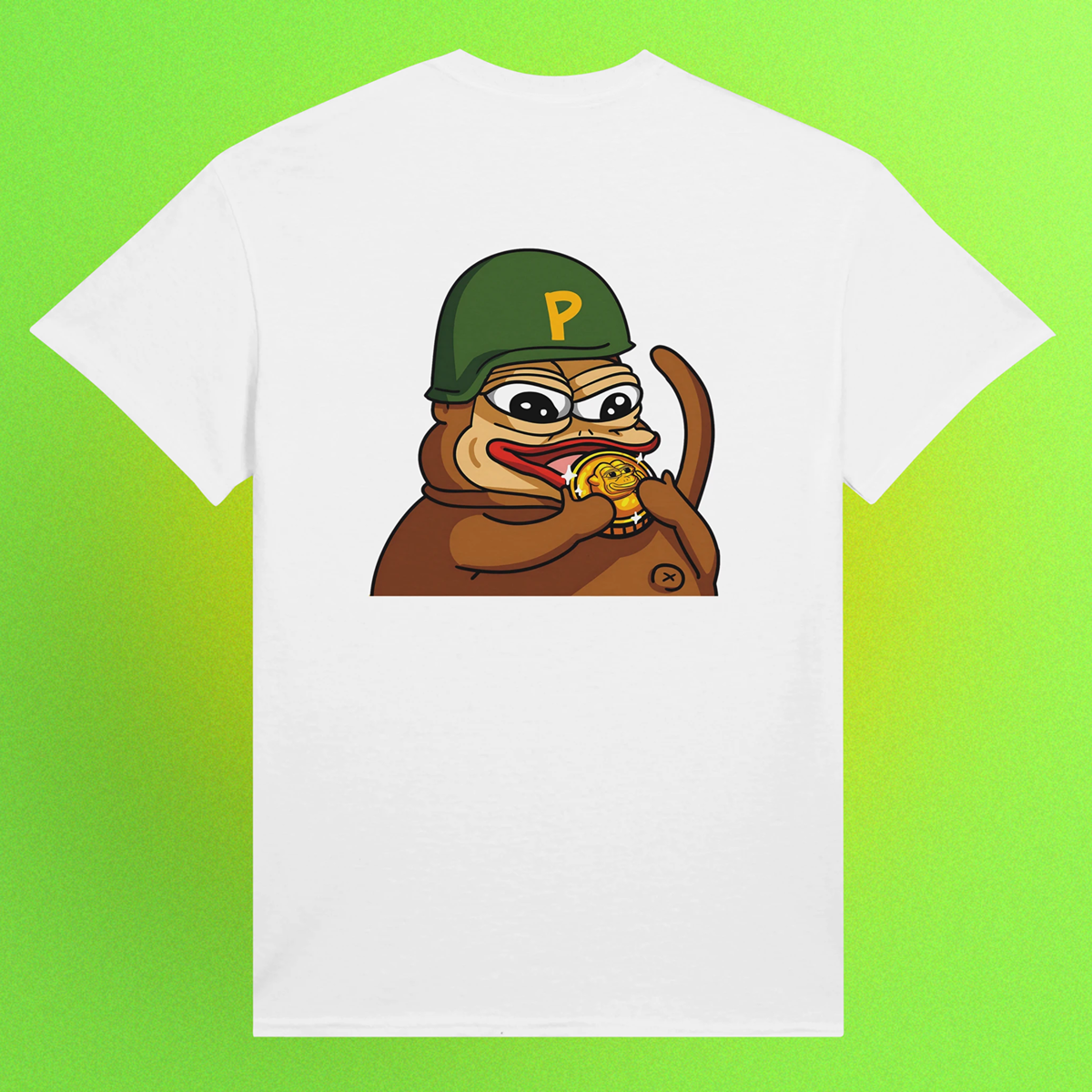 Weißes Unisex T-Shirt mit Ponke-Helm et Meme als Backprint, Teil der MyMemeMerch-Kollektion